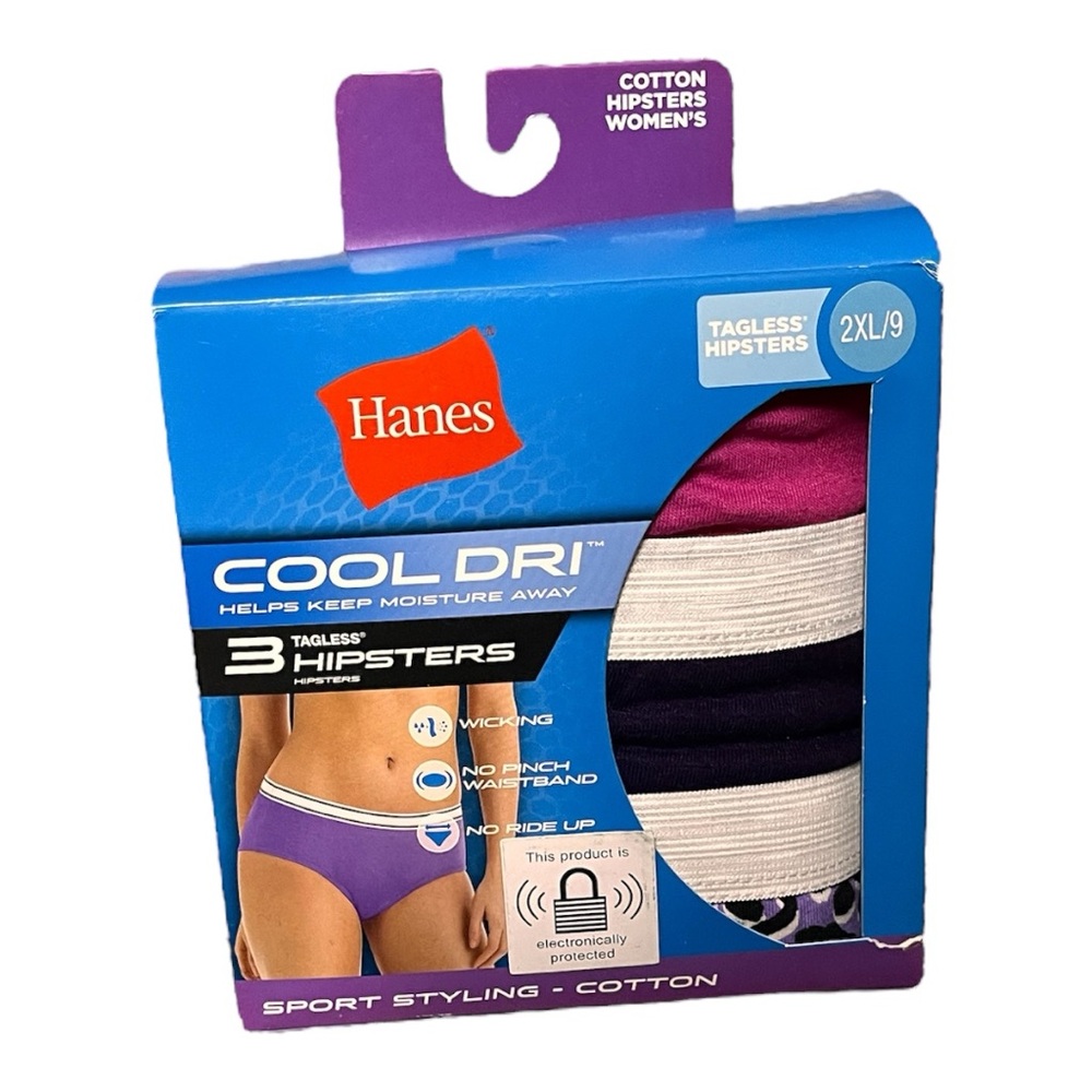 2XL/9 Hanes 3 Pack Cool Dri Cotton Hipster Underwear Tagless Sport Styling Panty